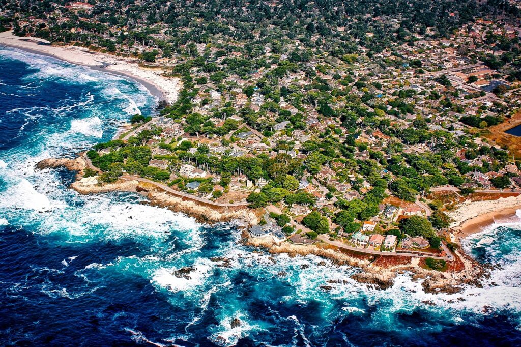 an aerial view of the beach near Carmel by the Sea